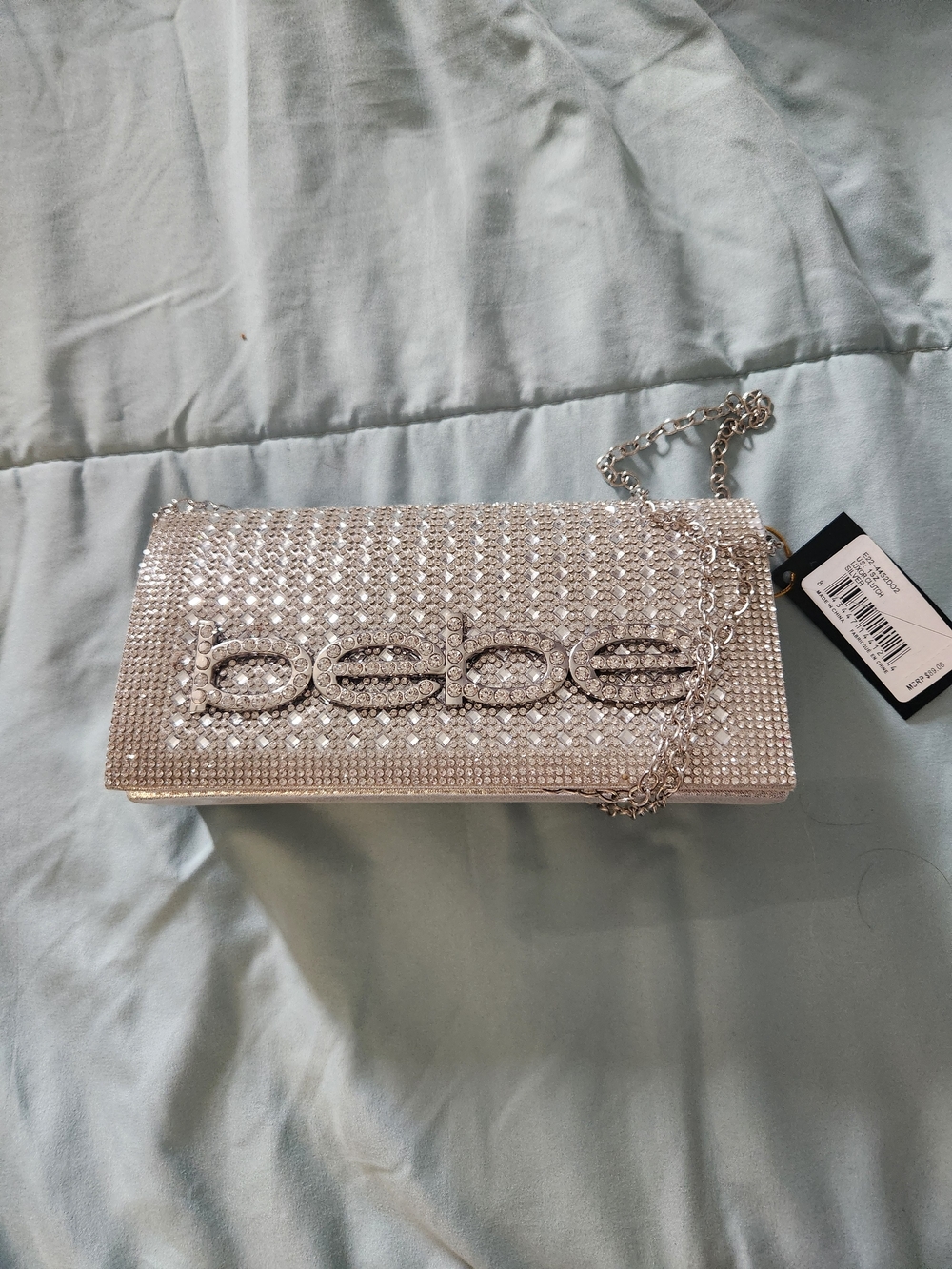 bebe Silver Crystal Logo Chain Clutch